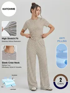 Katch Me Chic Women's Casual Stripe Flattering Short Sleeve Top & Wide Leg Trousers Co-ord, Soft Anti-Pilling Breathable Two Piece Sets, High Stretch Daily Outfit