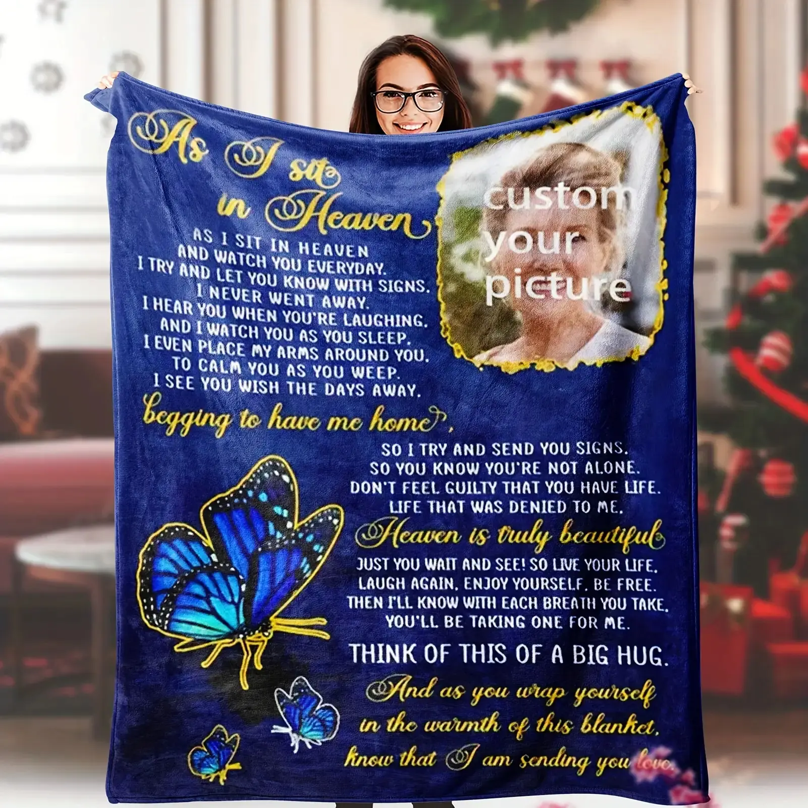 1 Custom Blanket with Photo, Sympathy Gift, Memorial Gift, Grieving Loved One Gift, Mourning Gift, Blanket Memorial Gift, Suitable for Family Members, Grandparents, Mom, Dad, Siblings, Soft and Warm Flannel Fabric Blanket, Local Warehouse
