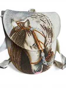 Wayuu Large Handmade Crochet Backpack with Vegan Leather & Crystal Details Hand-Painted Adjustable 12” Bag