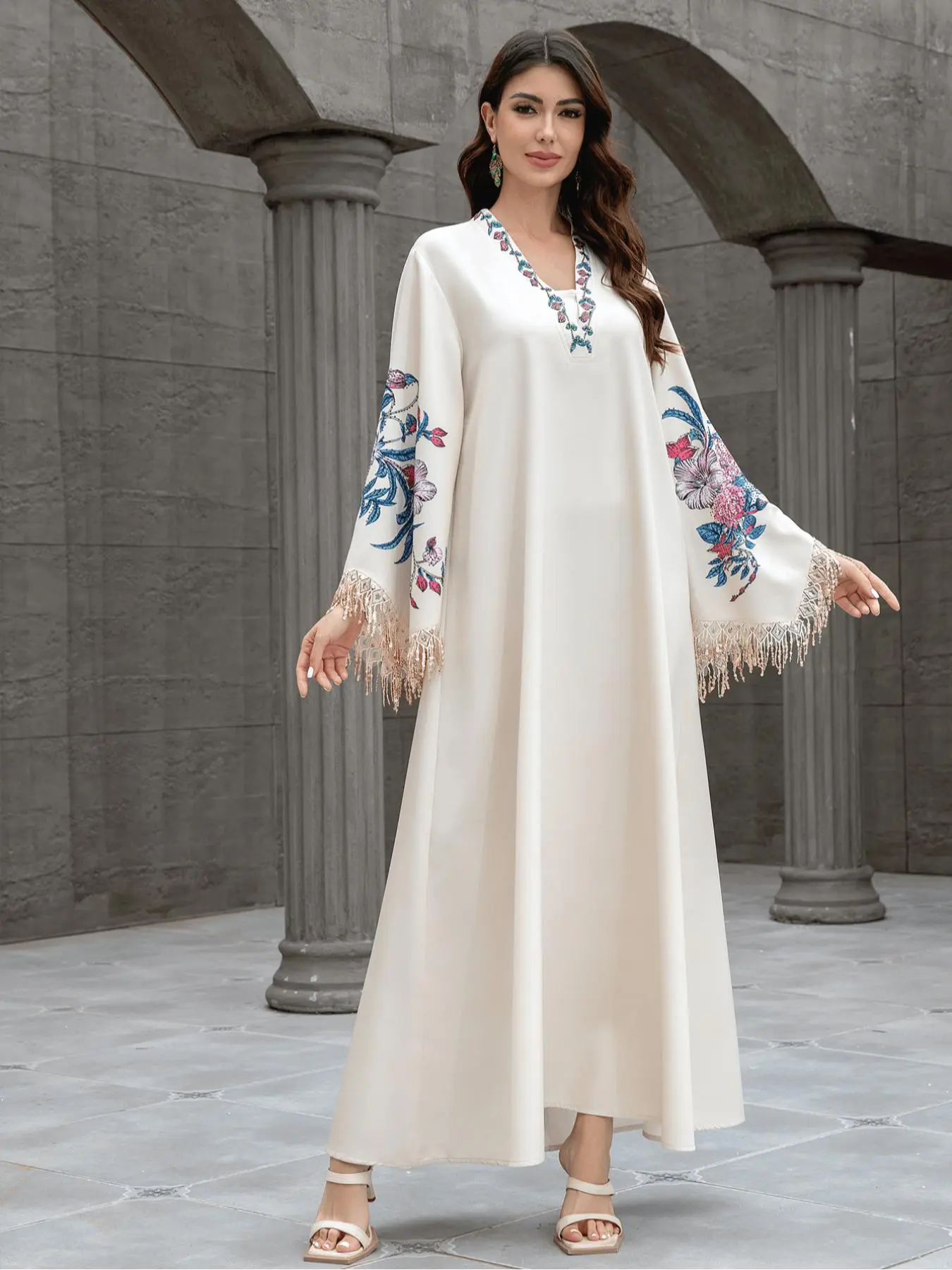 Arabian Robe V Neck Embellished Print Fringe Long Sleeve Elegant Jalabiya Dress, embroidery abaya, Fitted Geometric Design for All Seasons, Floral Embellished Abaya, Dubai Abaya - TikTok Shop Arabian Robe V Neck Embellished Print Fringe Long Sleeve Elegant Jalabiya Dress, embroidery abaya, Fitted Geometric Design for All Seasons, Floral Embellished Abaya, Dubai Abaya - TikTok Shop