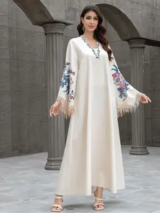 Arabian Robe V Neck Embellished Print Fringe Long Sleeve Elegant Jalabiya Dress, embroidery abaya, Fitted Geometric Design for All Seasons