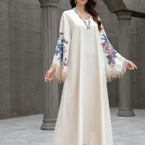 Arabian Robe V Neck Embellished Print Fringe Long Sleeve Elegant Jalabiya Dress, Fitted Geometric Design for All Seasons