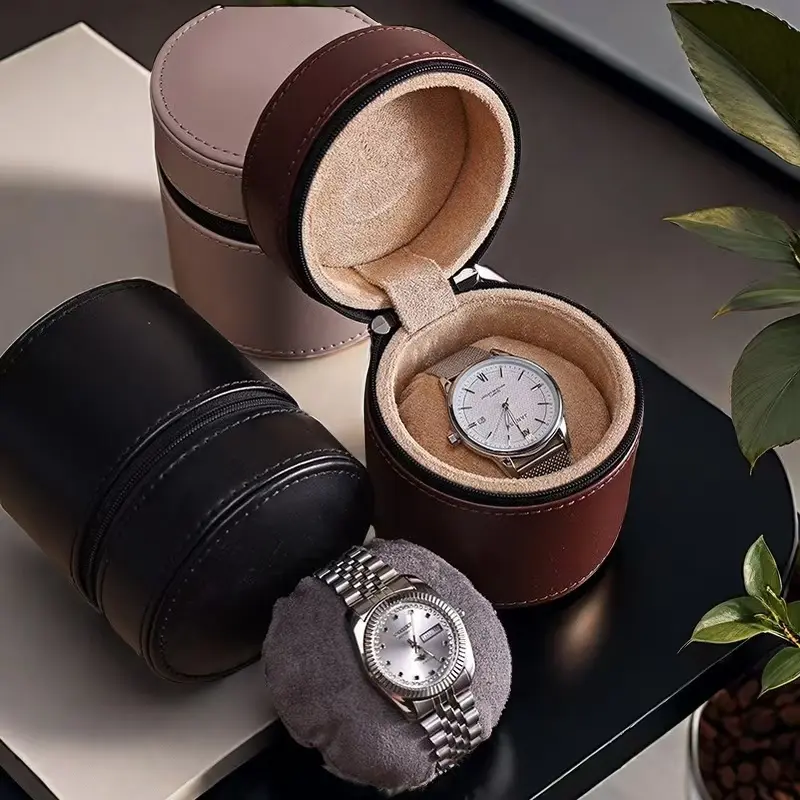 Portable Leather Watch Box - Elegant round flap design with zipper, velvet interior, includes removable cushion pillow, perfect for jewelry and watch storage, watch accessories