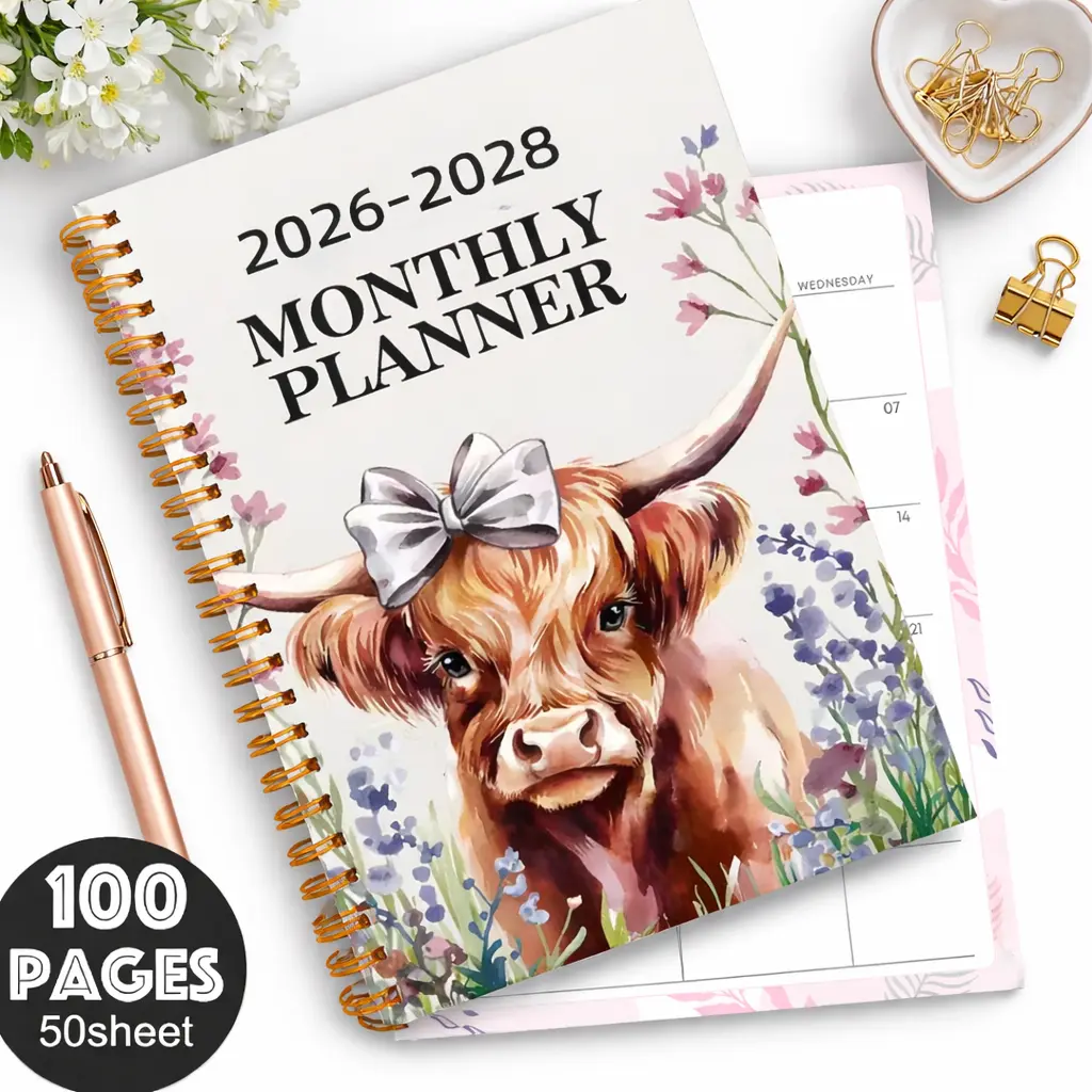 2026-2028 3 Year Planner, Floral Highland Cow Weekly & Monthly Spiral Agenda Notebook, Long Range Organizer for Office School Home, Cute Gift for Women Students Cow Lovers