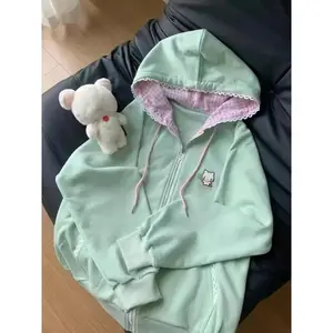Kawaii Cute Print Japanese Casual Streetwear Long Sleeves Women Sweet Style Zipper Sweatshirt Soft Girl Fashion 2025 Spring