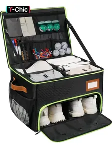 2 Layer Golf Trunk Organizer, Golf Organizer with 2 Pairs Shoes Compartment, Golf Storage Waterproof Car Trunk Locker for Golf Accessory, Golf Hat, Clothes, Gloves and Accessories, Gifts for Golfers
