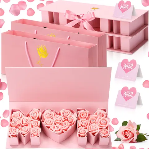 2Pcs Sturdy Mom Letter-Shaped Cardboard Ribbon Boxes, 2 Gift Bags, 2 Greeting Cards - 18x7.7x2.7 Inches, Elegant, Easy to Clean, Gift Box Design for Mother's Day (Flowers Not Included)