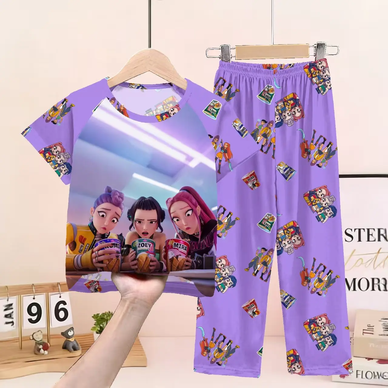 Girls 2Pcs Anime Cartoon Print Pajama Set Purple Raglan Short Sleeve Top Elastic Waist Full Length Pants Soft Casual Kids Sleepwear # sporty short #