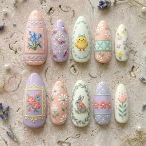 Easter Bunny & Chick Press on Nails, Pastel Embossed Floral Almond Nails