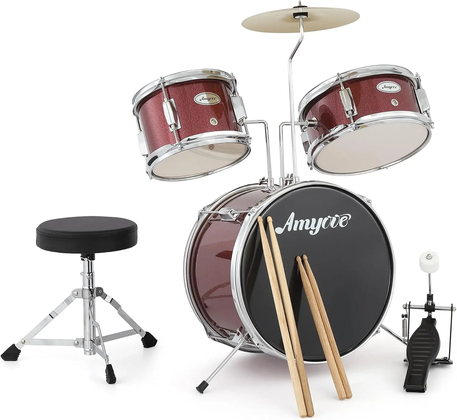 Wooden 3-Piece Kids Drum Set for Beginners - Durable Compact Percussion Set with Cymbals, 2 Drumsticks, Pedal, 2 Toms, Throne Stool, Tuneable Skins - Red Musical Instrument for Bedrooms