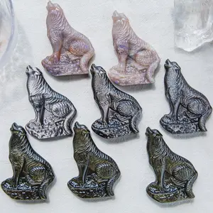 Gold Sheen Obsidian, Silver Sheen Obsidian & Moonstone Wolf Carving – Handcrafted Crystal Wolf Figurine for Protection, Strength & Spiritual Energy