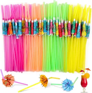 100 count Umbrella Straws - Hawaiian Luau Party Straws for Drinks Decorations (Assorted Colors)