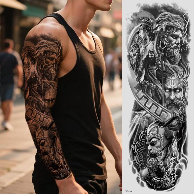 4-Piece Greek Mythology & Pirate Ship Temporary Tattoos, Waterproof Realistic Full Arm Sleeves, Long-Lasting Body Art Stickers for Men & Women, Fake Tattoos