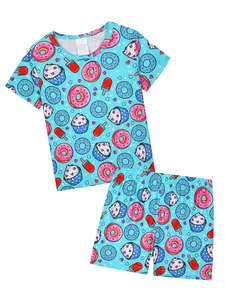 Little Girl 2-Piece Short Sleeve Shorts Pajamas Set, Donut & Ice Cream Print, Casual Soft Comfortable Homewear, Fitted H-Type