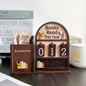 Wooden Book Reading Tracker with Flip Numbers and Pen Holder – Home Organizer for Reading Goal Tracking and Desk Organization