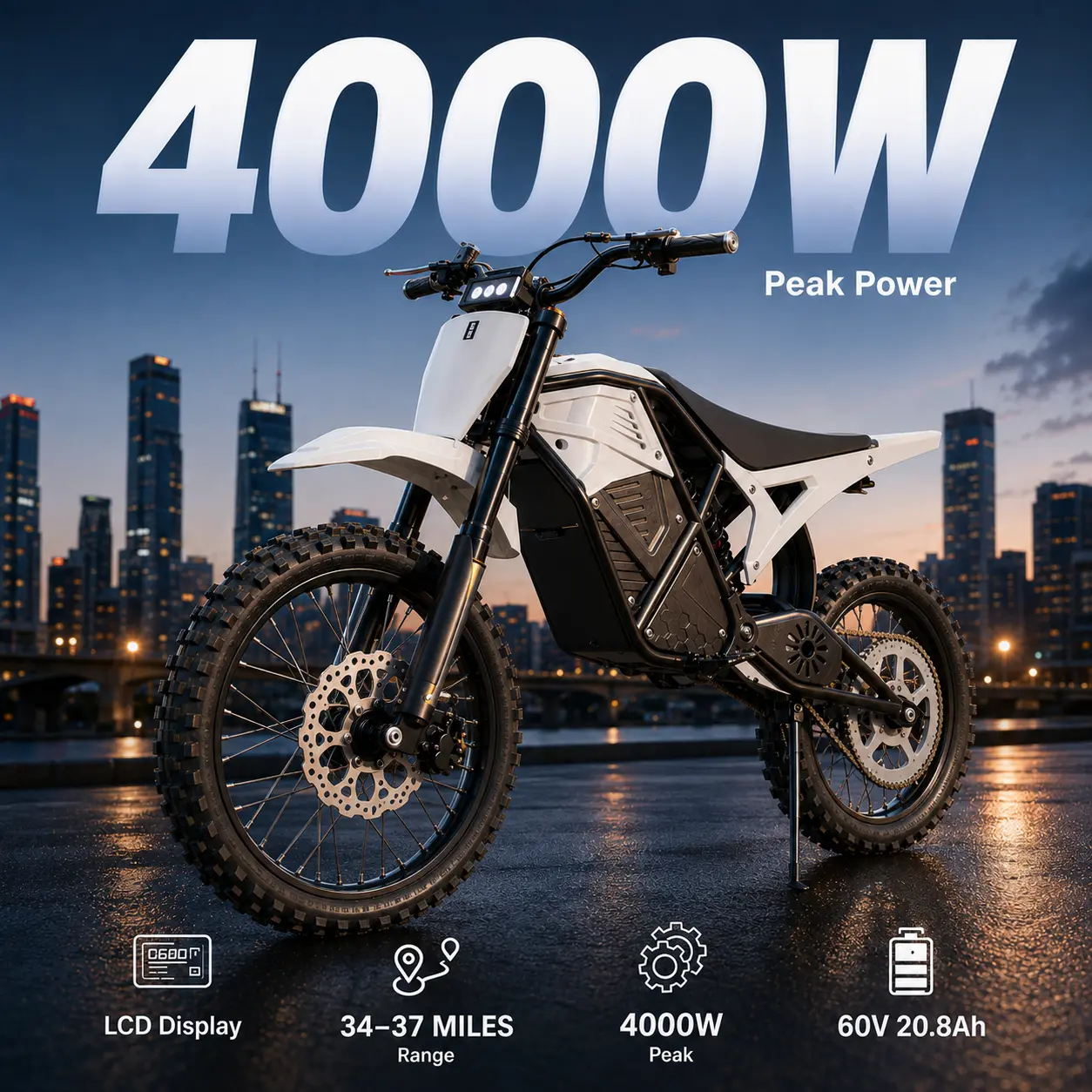 All-Terrain Electric Bike - 4000W Peak Mid-Drive Motor, 60KM/H Top Speed, 60-64KM Range, 12"/14" Knobby Tires, 60V 20.8Ah 18650 Lithium-Ion Battery, Built-In BMS, Hydraulic 4-Piston Brakes, Dual Adjustable Hydraulic Shock Absorption