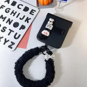 Cool Black 3D DIY Cute Girl Patch Black Foldable Stand Black Plush Wrist Strap Samsung Phone Case for Galaxy Z Flip 7 FE / Z Flip 7 / Z Flip 6 / Z Flip 5