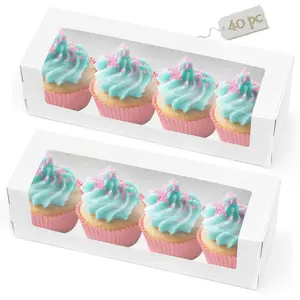 40 Pack White Bakery Boxes with Window, 12 x 4 x 3.5 Roll Cake Boxes, Rectangle Paper Boxes for Pastries, Desserts, Muffins, Donuts