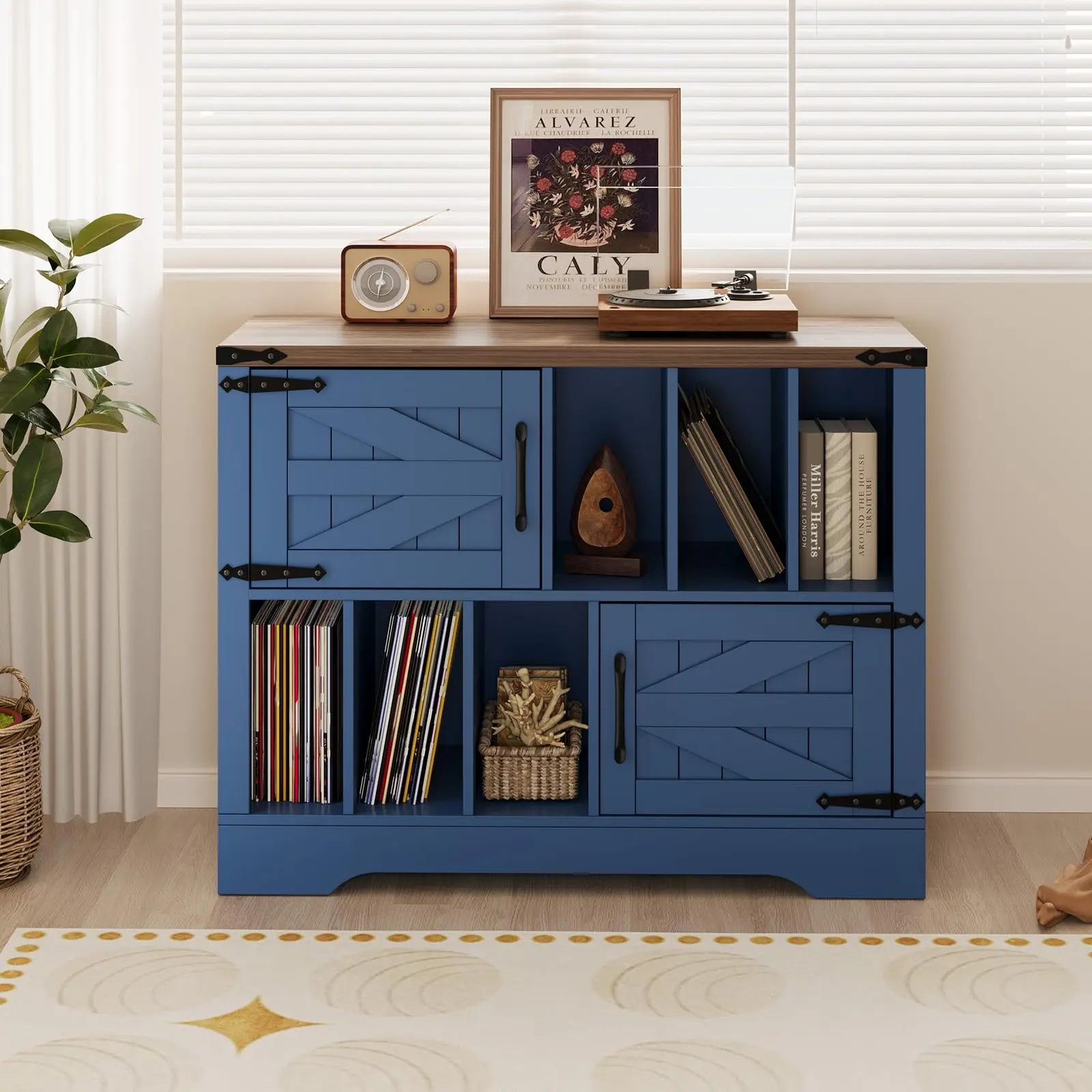 Garvee 39 In Large Record Player Stand with Vinyl Storage, Farmhouse Turntable Stand with Record Storage & 2 Barn Doors, Wood Cabinet for Living Room Bedroom Office, Blue