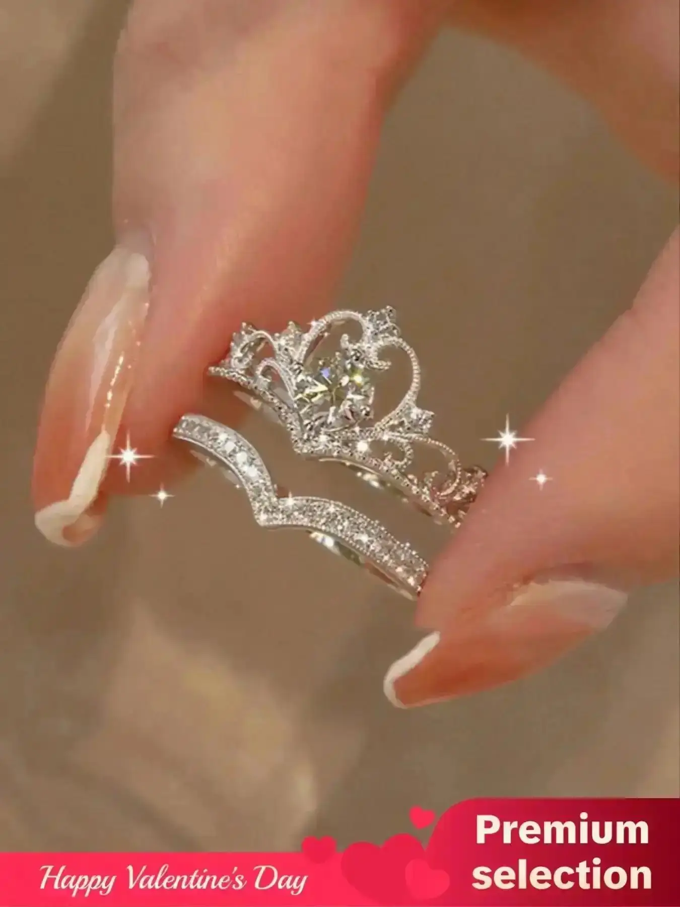 Proposal 2pcs/set Minimalist Elegant Plain Rhinestone Decor Crown Design Engagement Rings, Wedding Fashion Wishbone Ring Matching Accessories for Women & Girls, Valentine's Day classic everyday essential versatile