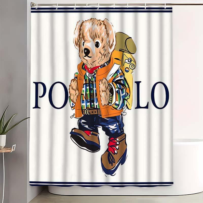 Polo Fashion Bear Shower Curtain Set, Bathroom Decor Accessories with 12 Hooks, Non-Slip Bath Mat and U-Shaped Toilet Lid Cover
