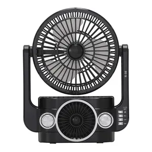 6" Adjustable Cooling Fan with 3-Band AM/FM/Shortwave Radio, Portable Wireless Speaker with Angled LED Floodlight, USB Rechargeable Desktop Sound Box with Telescoping Antenna