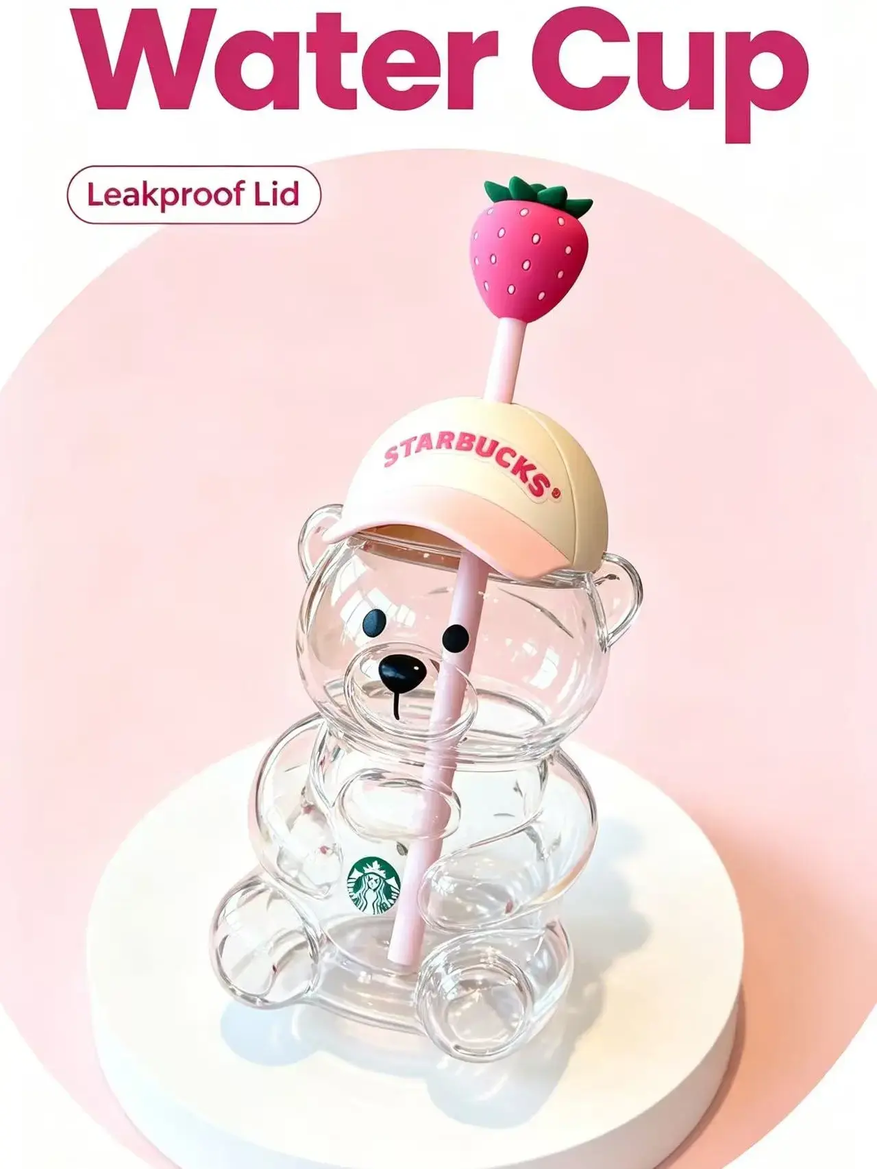 SummerWins  Strawberry Bear  Shaped Glass Cups, Romantic Pink & Green Teddy Bear Glass Mug with Airtight Cap, Decorative Drinking Jar for Valentines Party Decor, Engagement, Anniversary Gift, Creative Cocktail & Soda Glassware