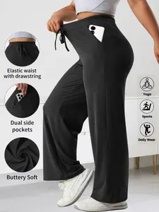 Women's Plus Size Knit Wide Leg Athletic Pants, Elastic Waistband with Drawstring Adjustable, Side Pockets, Casual Loose Fit, Soft High Stretch, All Seasons Wear