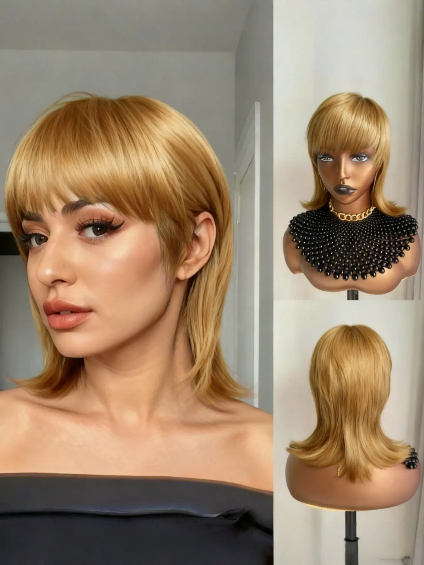 12 Inches Colored Mullet Short Pixie Cut Bob Human Hair Wigs with Bangs, Curly Style, Fashionable Design for Women, No Ca Prop 65 Warning