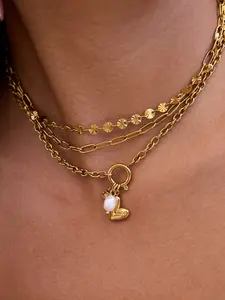 Lady's Gold Necklace, Elegant Necklace, 18k Gold-Plated Pearl Zircon Heart Sun and Moon Bohemian-Style Summer Vacation-Style Cross Chain Bead Chain Necklace
