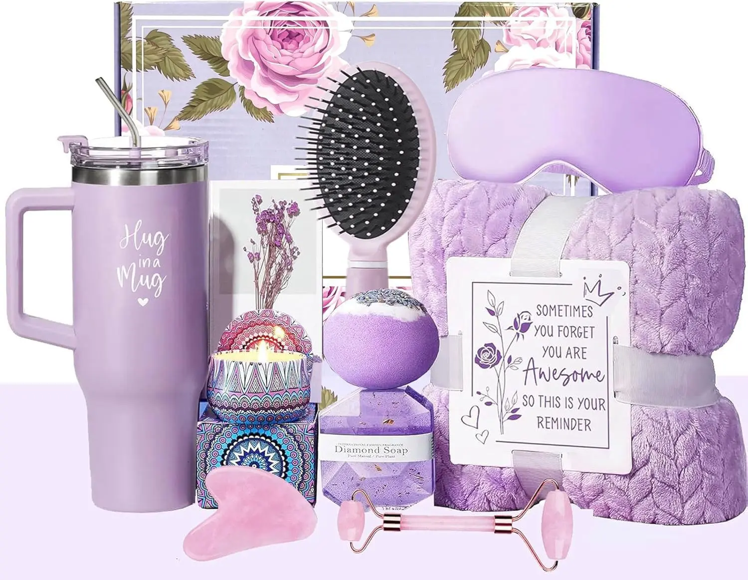 Purple Spa Gift Basket for Women – 11 PCS Relaxing Bath Set, Birthday Christmas Mothers Day Gift with Tumbler & Fleece Blanket