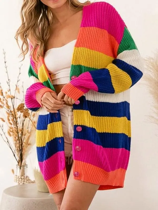 Bright Striped Button Down Long Cardigan Sweater