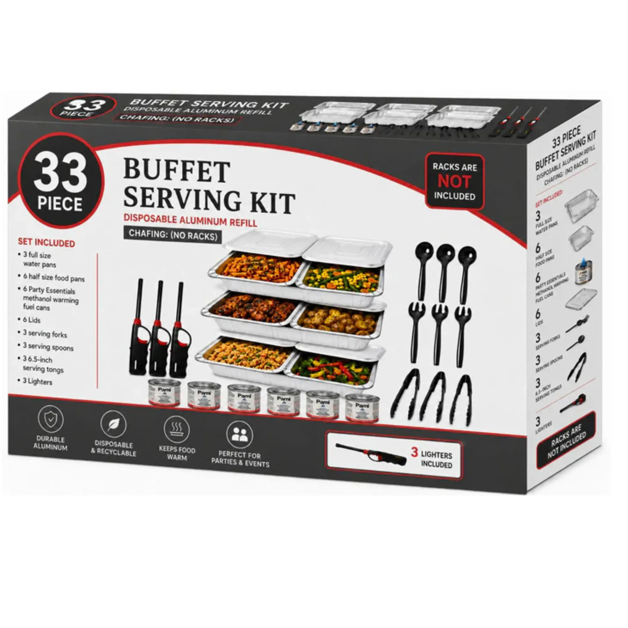VeZee 33-Piece Disposable Chafing Buffet Serving Kit with Aluminum Foil Pans, Chafing Fuel Cans, Serving Utensils, Tongs, Lighters & Water Pans | Food Warming Catering Set for Parties, Events (No Racks)