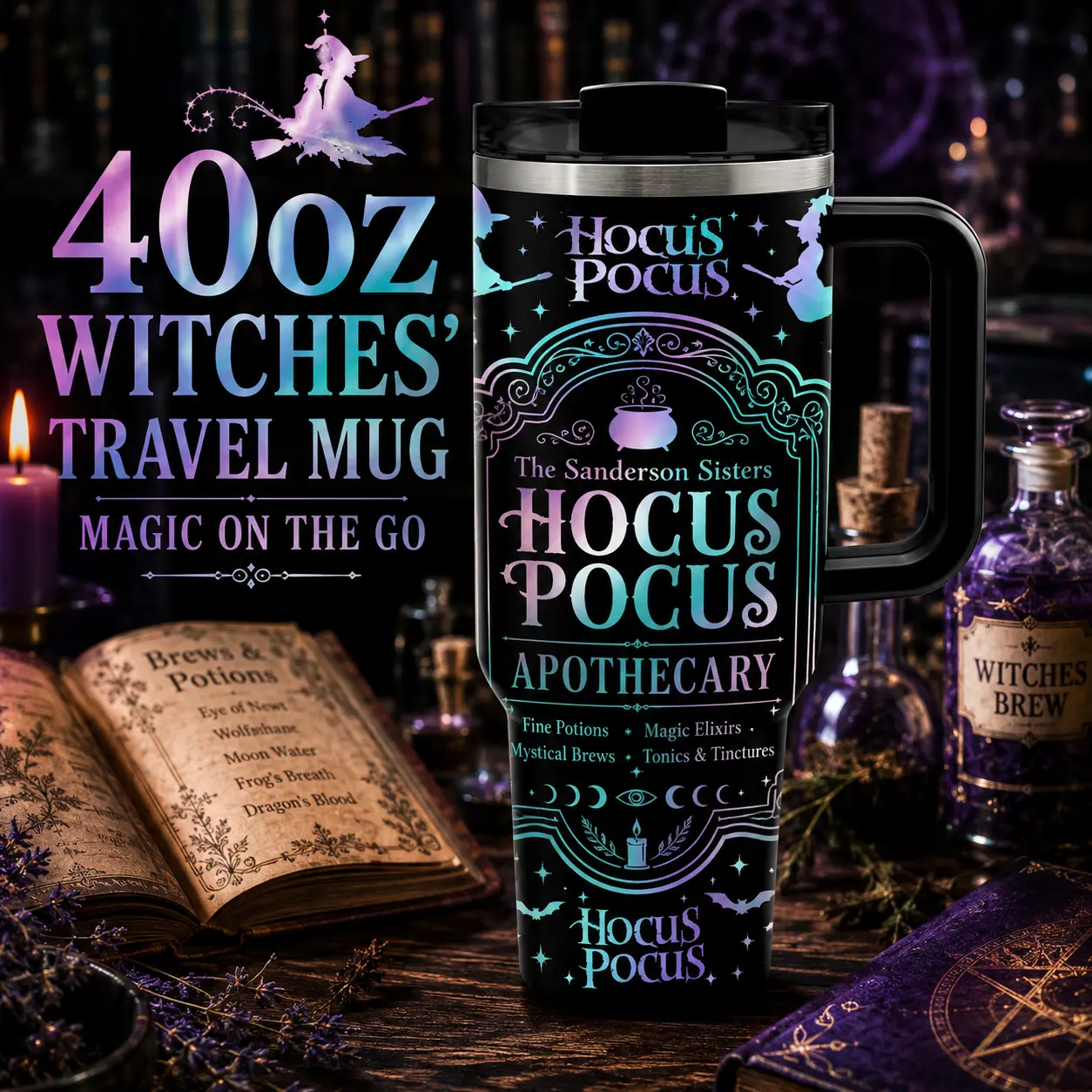 40oz 30oz 20oz Mystic Magic Potion Insulated Tumbler with Handle, Gothic Stainless Steel Travel Mug, Double Wall Vacuum Cup with Leakproof Lid & Straw, Keeps Drinks Cold 24H Hot 12H, Halloween Coffee Water Cup for Office Travel