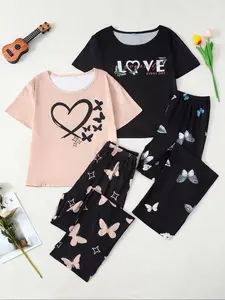 Women's Casual Chic Pajama Set, Pyjamas, Butterfly Print Short Sleeve Top & Elastic Waist Pants, Two-Piece Sleepwear Loungewear Suit for Ladies