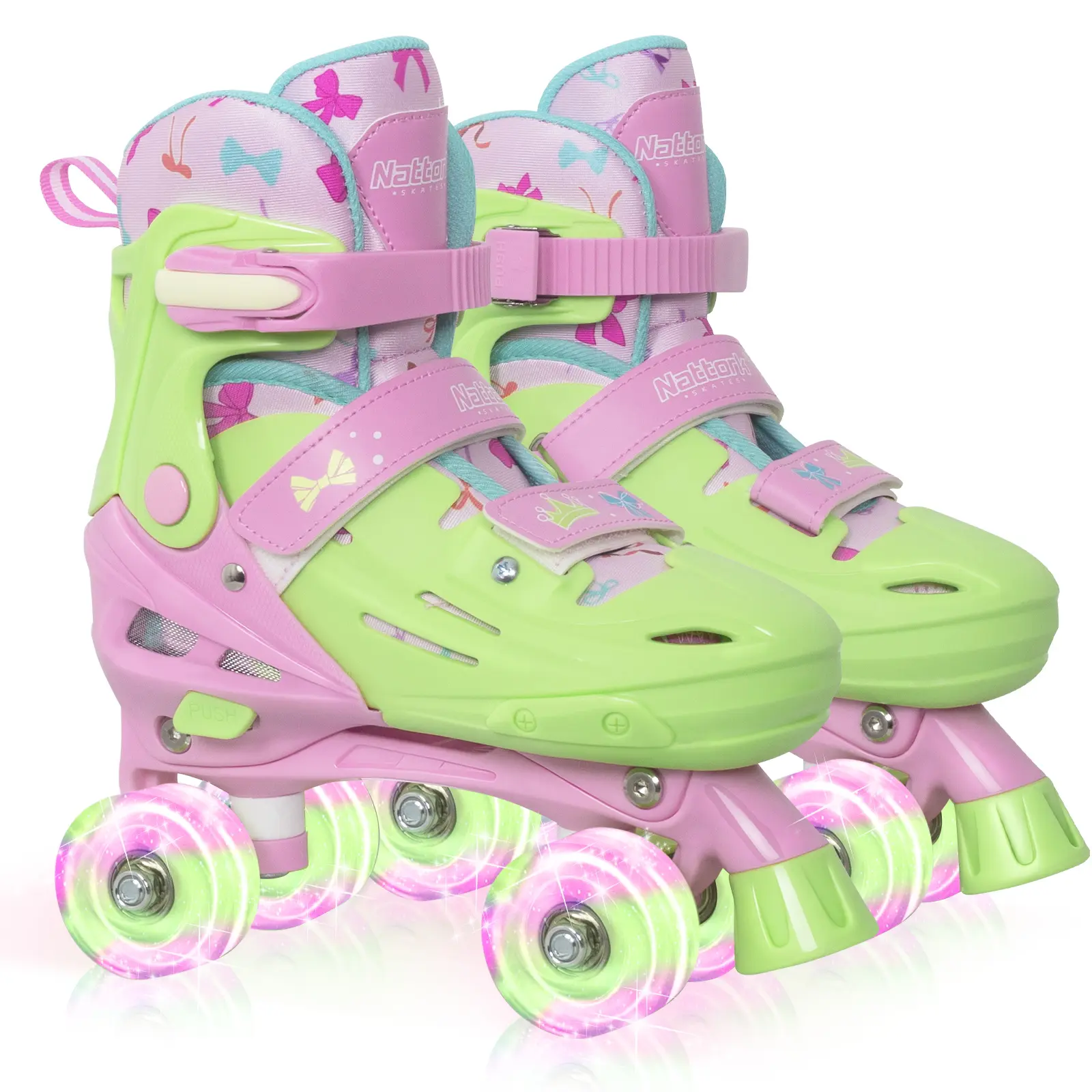 Nattork Cutie Bow Roller Skates for Young Kids, 4-Size Adjustable Design with Light-Up PU Skate Wheels and ABEC-7 Chrome Steel Bearings, Ideal for Birthdays, Skating