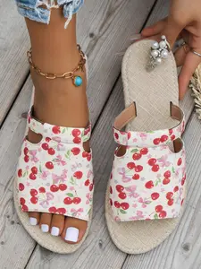 Women's Cherry Print Slides, Casual Comfortable Flat Sandals for Summer, Trendy All-match Slippers for Beach, Daily Wear, Girl