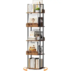 Rotating Bookshelf, 360 Display Spinning Bookshelf Tower, 5-Tier Narrow Bookcase, Tall Industrial Book Shelf Organizer, Small Corner Book Shelves for Living Room, Black