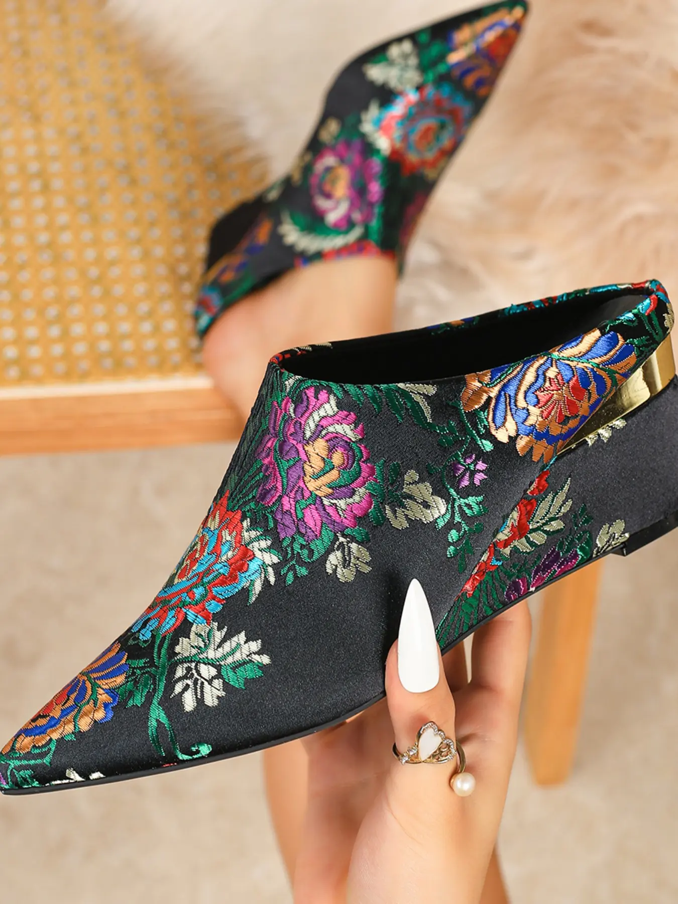 Women's Multicolor Floral Embroidered Pointed Toe Wedge Sandals, Floral Wedges, Casual High Heel Shoes for All Seasons, Stylish Fashion Classy Elegant Textile Design