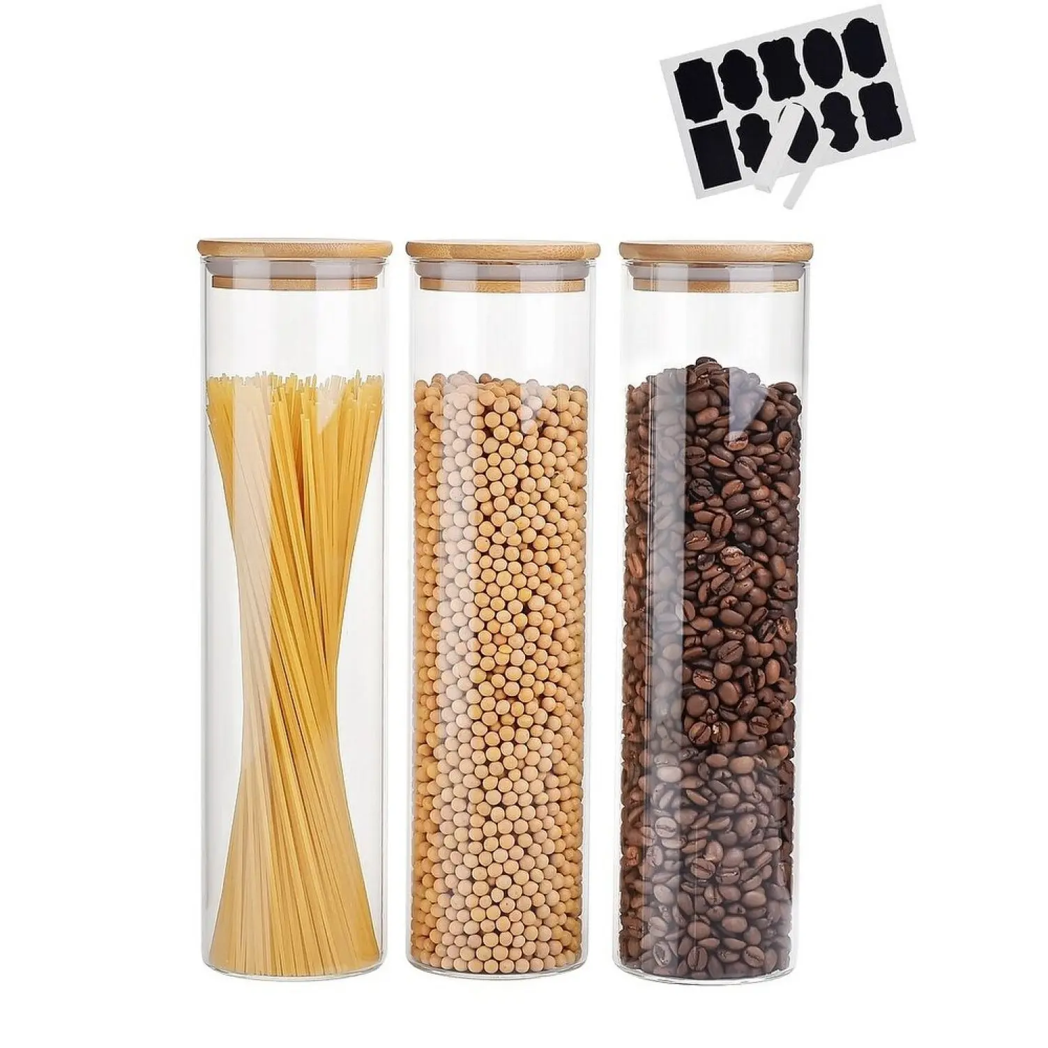 3 Set Glass Pantry Storage Jars with Acacia Airtight Lid 45oz Thicken Glass Kitchen Canisters with  Labels Tall Glass Food Storage Containers with Wood Lid for Pasta,Spaghetti,Cereal