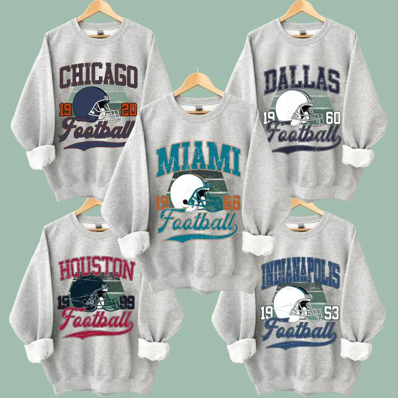 Unisex Crewneck Classic Ash Color Sweatshirt All Team Football Graphic Shirt Retro Pullover Game Day Fall Winter Streetwear Outfit Gift for Football Fans