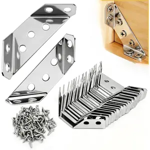 20- Stainless Steel L-Shaped Wooden Brackets Set: 1.1 x 2.5 x 0.7 Inches, Polished, Corner Mount, 108 Screws, Ideal for Furniture, Shelves, Cabinets, Tables & Chairs