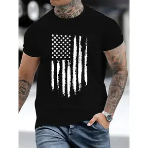 American Flag Print Crew Neck Short Sleeves Fitted Casual Summer Tops for Men Plus Size Everyday Clothing 100% Cotton