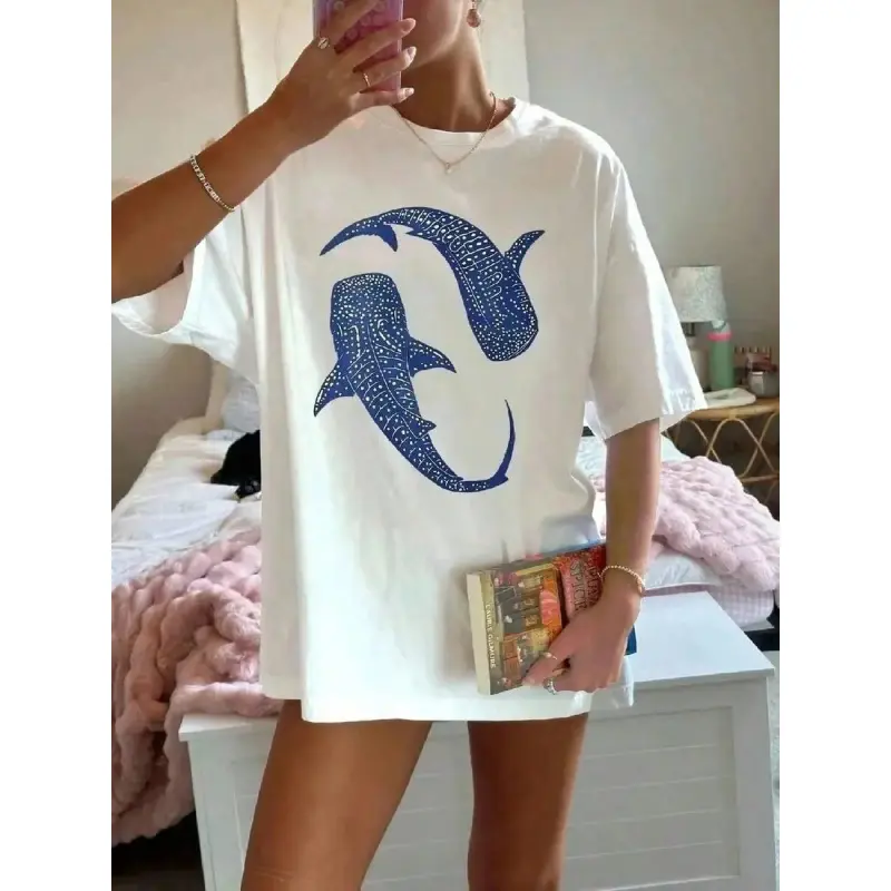 Minimalist Whale Shark Graphic T-Shirt |   Loose Fit White Tee with Blue Ocean Art, Stylish Casual Top for Summer, Beach, and Everyday Wear