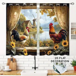 2pcs Farmhouse Kitchen Curtains 28"X40" Farmhouse Half Window Curtains With Rooster & Windmill Window Scene With Rod Pocket 100% Polyester One Side Printing Short Curtains For Kitchen Bathroom Bedroom Cafe Over Sink Windows Deco