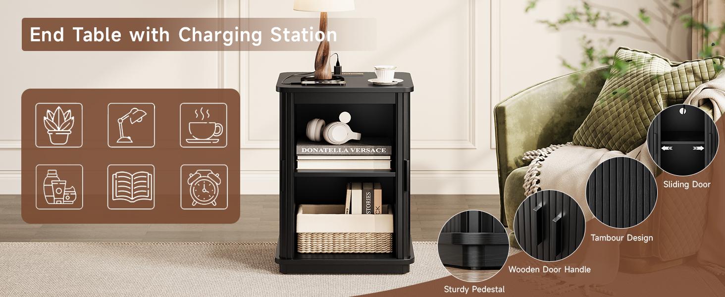 【Sliding Door Design】ONBRILL Square End Table with Storage & Charging Station, Fluted Accent Side Table with Sliding Door & Sturdy Pedestal, Mid-Century Modern Nightstand for Small Space, Living Room Furniture,dorm essentials,home decor