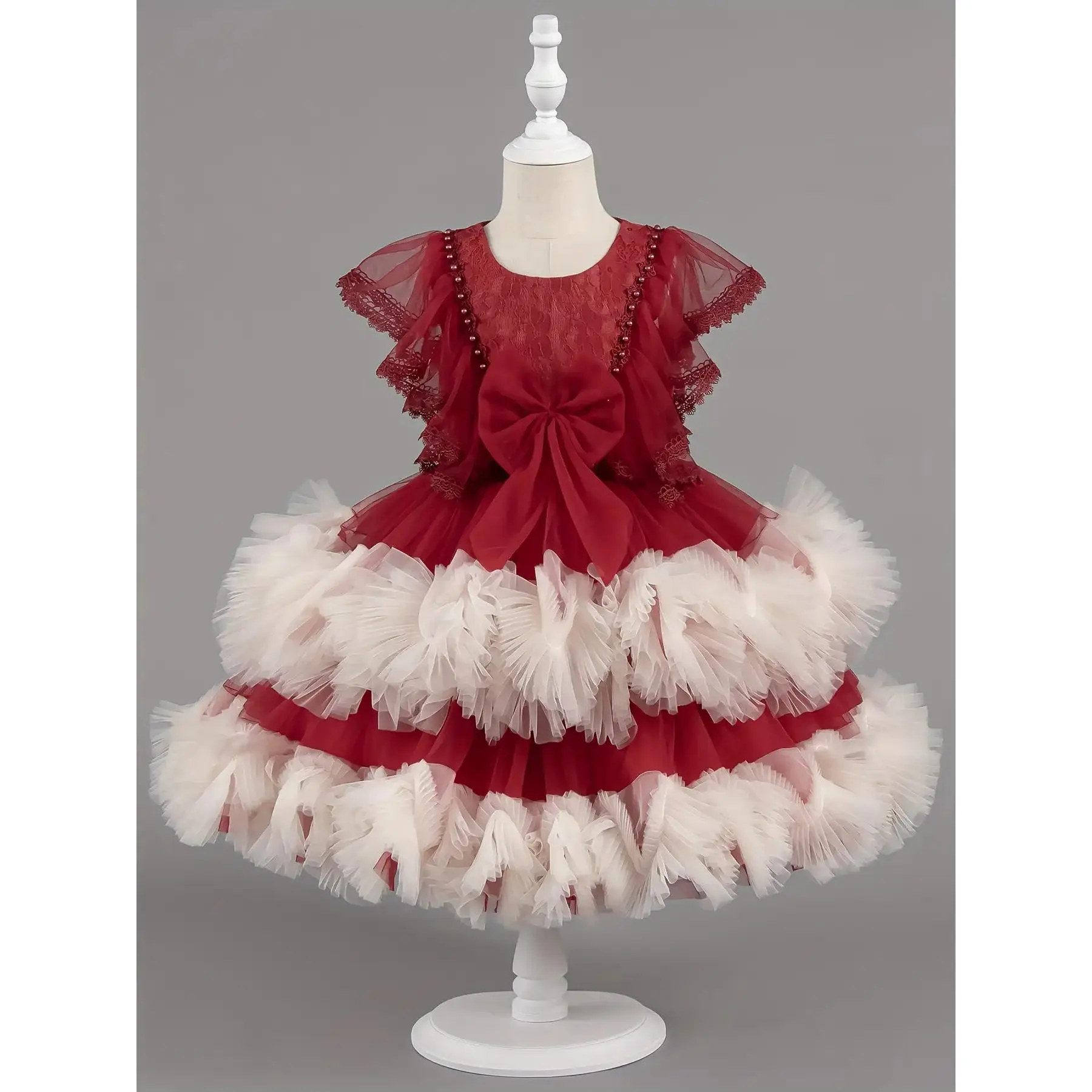 Girls' A-Line Colorblock Party Dress with Cap Sleeves, Layered Polyester Tulle Skirt with Bow Belt, All-Season Midi Outfit for Kids Ages 4-14, Flutter Sleeve, 4-14 Years Old, Honey Girl, Belted