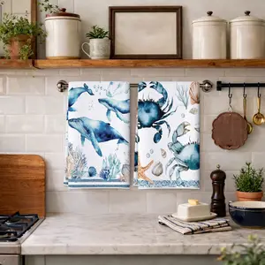 2/6pcs Ocean hand towels watercolor marine animals blue white coastal style hand towel microfiber for bathroom kitchen living room gym outdoor sports and travel accommodation