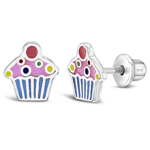 Cherry on Top Cupcake Baby / Toddler / Kids Earrings Screw Back Enamel - Sterling Silver