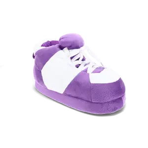 Purple and White Striped Plush Sneaker Slippers for Women and Men Cozy Indoor Walking Shoes with Non-Slip Sole and Memory Foam Footbed